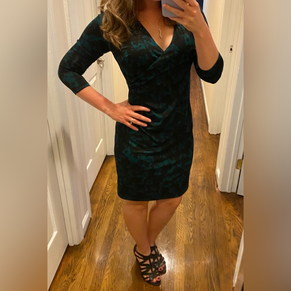 Chaps Small Black and Green Floral V Neck Faux Wrap Dress Work Business